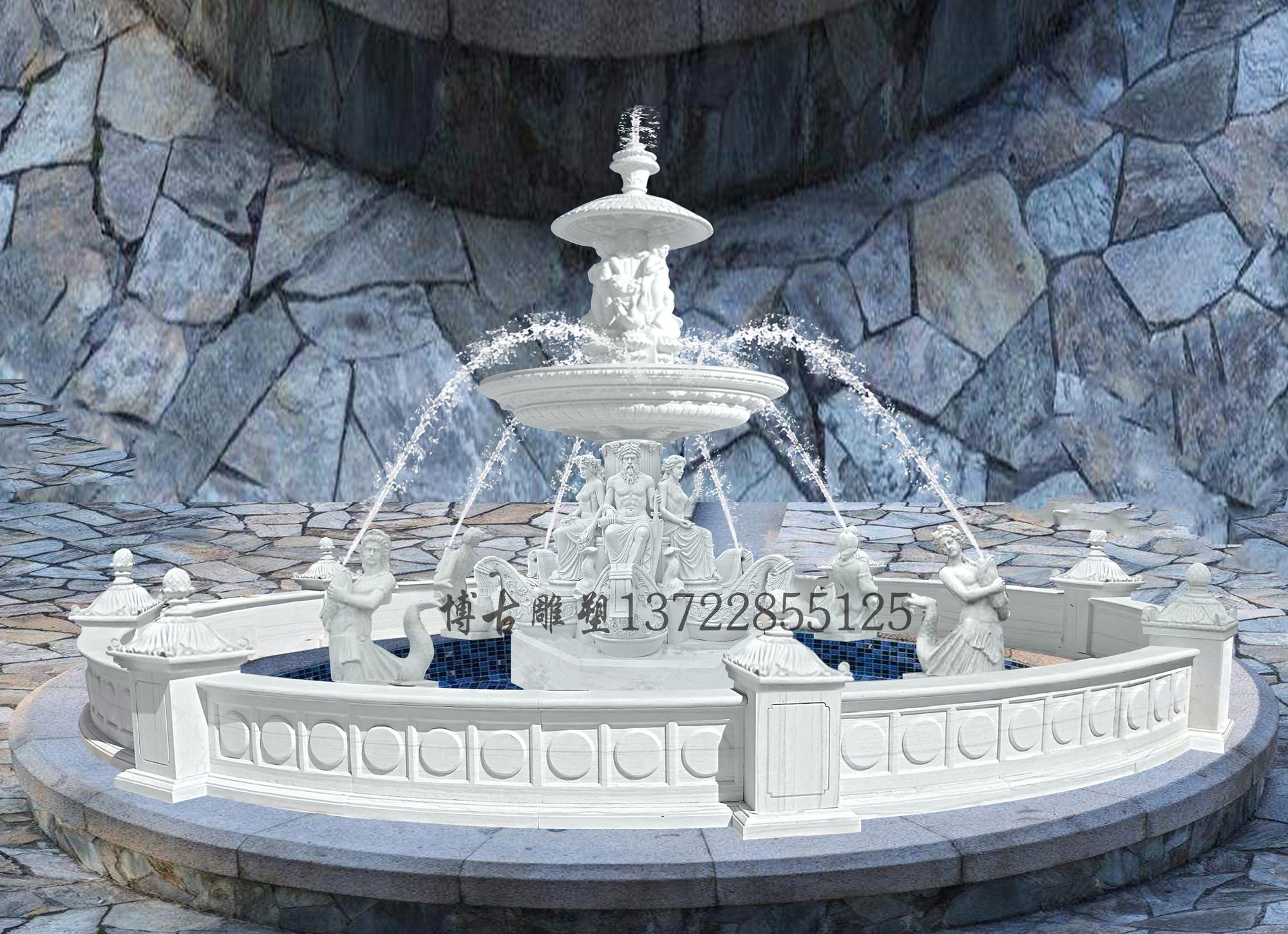歐式石雕噴泉漢白玉人物石雕噴泉大型廣場噴水池