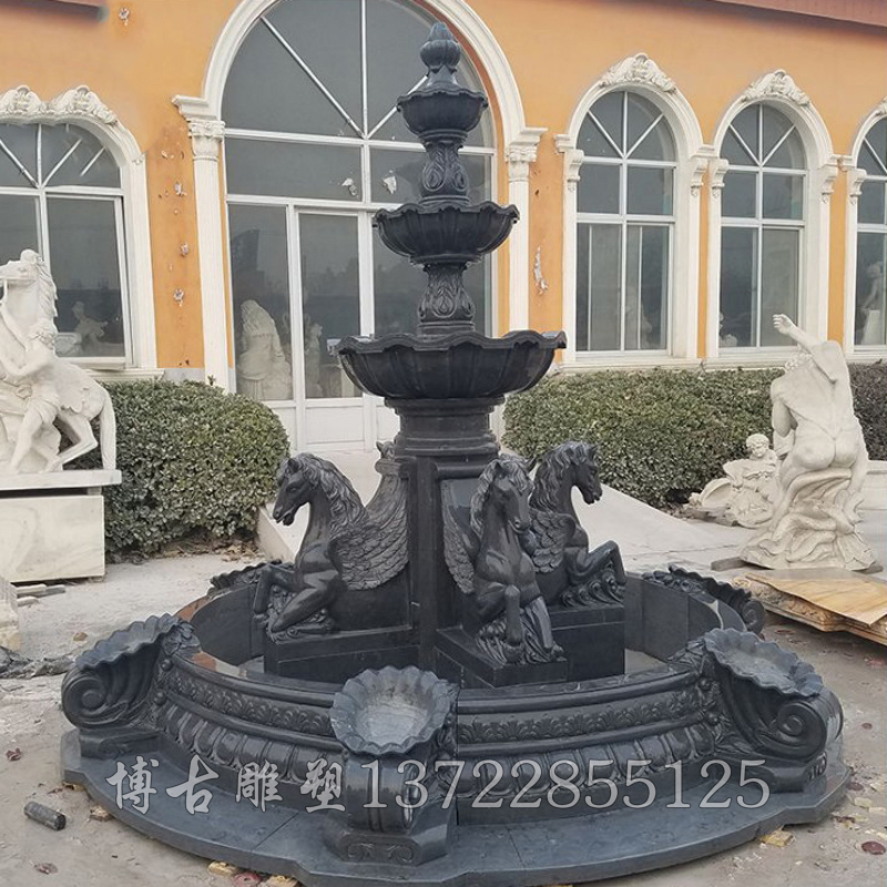 石雕喷泉欧式动物中国黑石雕喷泉流水花钵喷泉