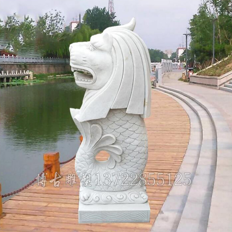 石雕喷泉 汉白玉狮头鱼身动物石雕喷泉 广场流水喷泉