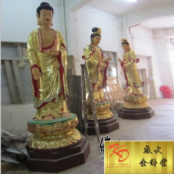 玻璃钢佛像制作  大型玻璃钢彩绘三世佛雕塑摆件