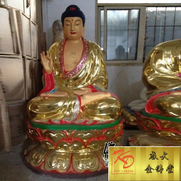 供应玻璃钢树脂极彩三宝佛坐像 定制观音菩萨玻璃钢雕塑厂家