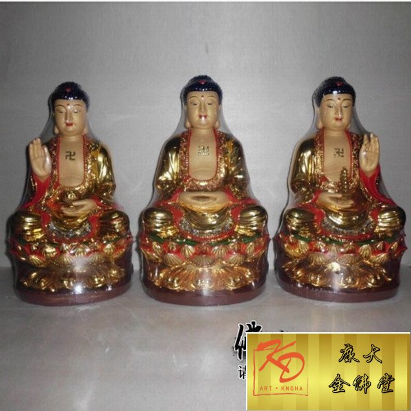 供应彩绘西方三圣带背光贴金佛像 玻璃钢文殊普贤三宝佛