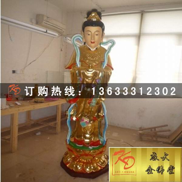 玻璃钢彩绘金童玉女神像雕塑 贴金彩绘善财龙女雕塑定制