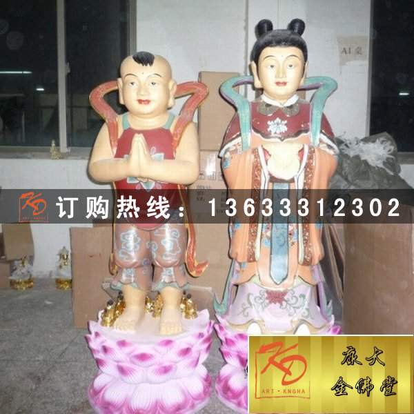 玻璃钢极彩贴金金童玉女 善财龙女神像雕塑 玻璃钢鎏金神像定制厂家
