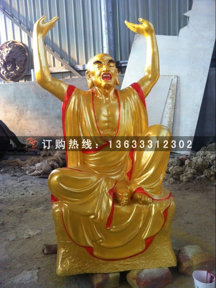 玻璃钢彩绘十八罗汉雕塑 玻璃钢铸铜雕佛像寺庙彩绘鎏金降龙伏虎树脂供奉摆件