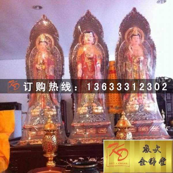 玻璃钢贴金彩绘铸铜三圣佛像文殊普贤菩萨佛像玻璃钢树脂佛像雕塑定制