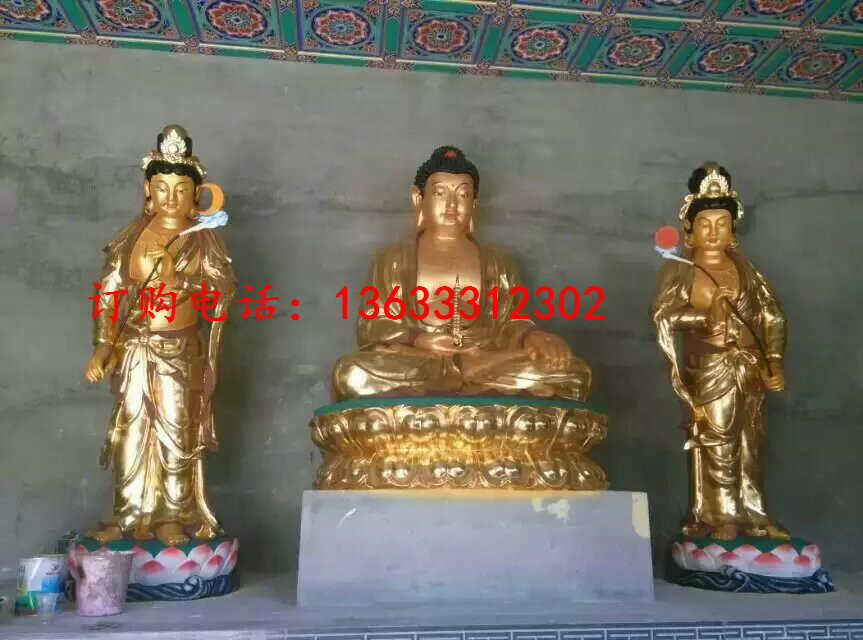 供应火焰背光三宝佛佛像玻璃钢雕塑厂家佛祖寺庙全佛菩萨雕像
