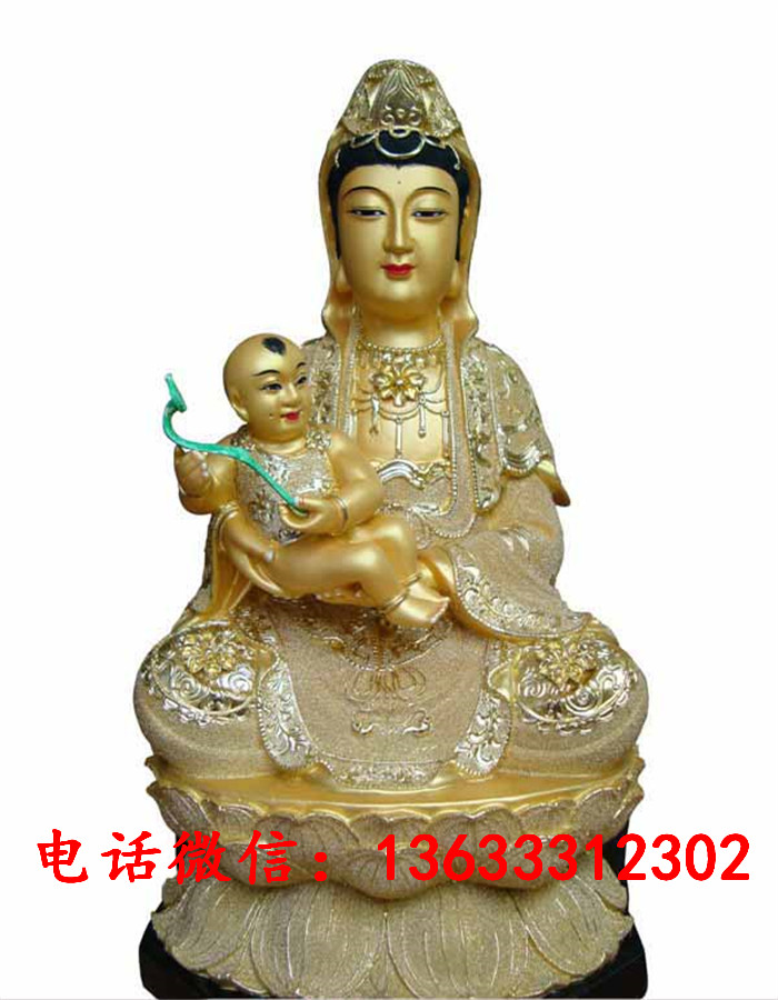 大型送子观音铜雕塑 纯铜彩绘送子观音佛像摆件