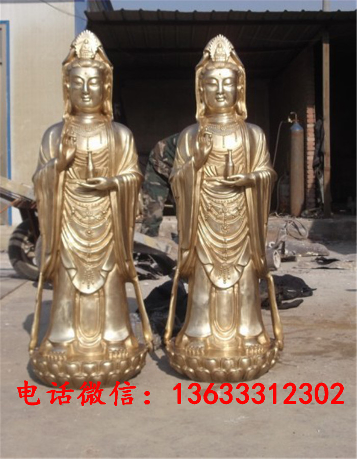 大型铜佛像 贴金彩绘铜雕站观音 铸铜观音铜雕像
