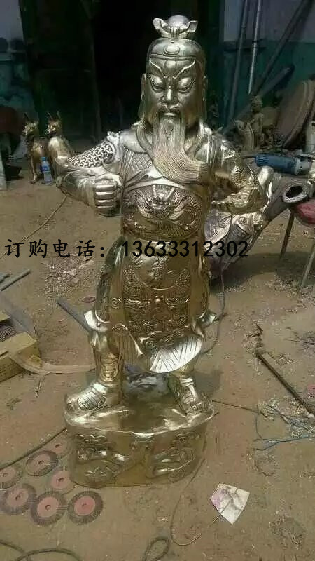 大型铸铜持刀背旗子九龙关云长 铜关公 1铸铜人物摆件