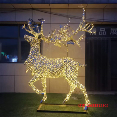 大型不锈钢几何块面鹿雕塑定制发光金属抽象镂空动物户外景观摆件