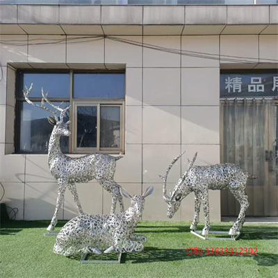 别墅庭院大型不锈钢金属彩色镂空鹿雕塑设计 酒店水池造景摆件