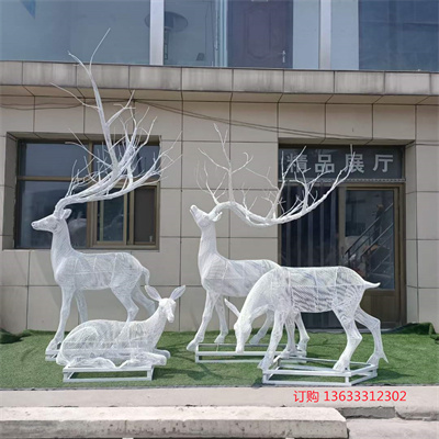 发光不锈钢镂空梅花鹿雕塑 铁艺编制鹿摆件 大型金属抽象鹿